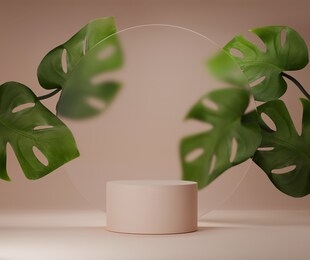 3d podium display with monstra deliciosa and frosted glass copy space. minimal beige background with pedestal and green plant leaves. trendy natural product promotion banner. simple tropical 3d render