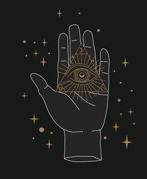 the hand of the philosopher, palm with the eye of providence. vector illustration for tattoo design or fashion print in simple line art style.