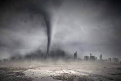 image of powerful huge tornado twisting above city