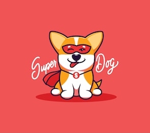 a little dog, logo with text super dog. funny corgi cartoon character, logotype, badge, sticker, emblem on blue  background isolated. vector illustration, flat, line art style, creative design