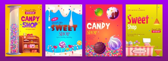 candy and sweet shop ad banners set. various pastry on shelf, cashier desk, chocolate, candycanes and lollipops, glass tube with bubble gum, dripping ice cream, special offer cartoon vector posters