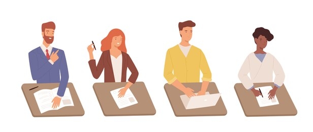 set of diverse cartoon students man and woman sitting at table with document and laptop isolated on white. positive people write test task hiring or recruitment specialists vector flat illustration