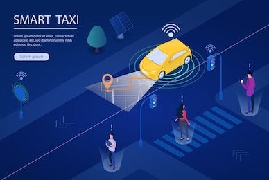 a conceptual illustration of futuristic smart taxi on city street. vector illustration