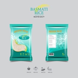 indian rice packaging for basmati rice products organic and background template.