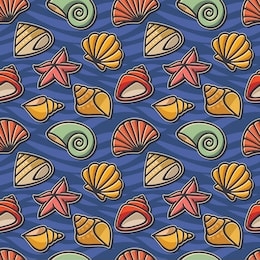 seamless texture with the image of bright multi-colored different shapes of shells and starfish on a blue background. the picture is drawn in a cartoon style vector. sea shells and starfish