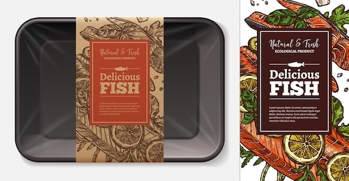 package design for red fresh fish food, salmon, tuna, trout with typography and sketch hand drawn slice of meat with vegetables on craft paper label. plastic foam butcher container vector mockup