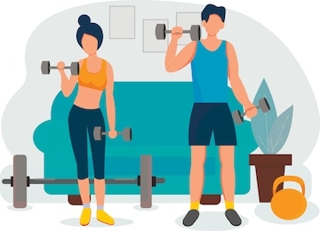 sports at home. happy family sporting events. a guy and a girl do a workout at home with dumbbells. fitness training exercises, healthy lifestyle. vector illustration in flat style.