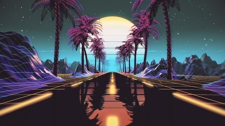 80s retro futuristic sci-fi background. retrowave vj videogame landscape with neon lights and low poly terrain grid. stylized vintage cyberpunk vaporwave 3d render with mountains, sun and stars. 4k