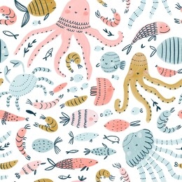 seamless pattern. funny ocean fish and other animals. marine kids fabric design in hand-drawn style. cute sea characters.