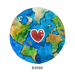 watercolor earth. hand drawn illustration. planet earth with heart, bright watercolor ecology illustration 
