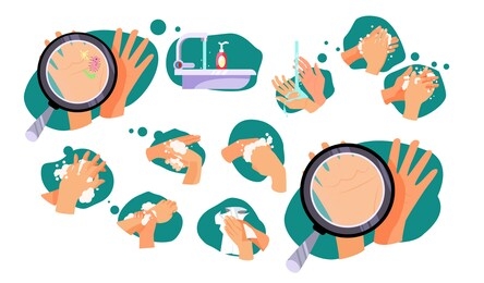 set of rules how to wash hands. microbes, bathroom, magnifying glass. can be used for topics like hygiene, sanitation, cleanliness