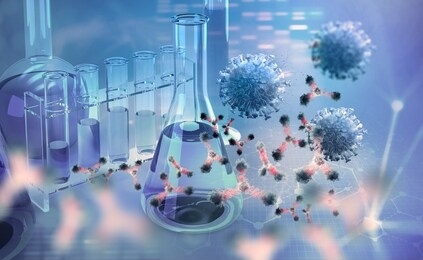 antibodies and viruses 3d illustration. virology. search for a vaccine. microbiology. scientific laboratory