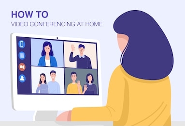 video conferencing at home, close-up woman having video call meeting with clients at home. vector
