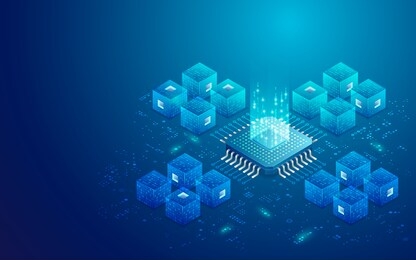 concept of quantum computing or big data, graphic of microchip with futuristic cube and technology elements presented in isometric