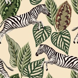 vintage tropical palm leaves, zebra animal floral seamless pattern beige background. exotic safari wallpaper.