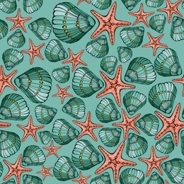 color vector seamless pattern with hand drawn shell and starfish