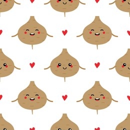 cute vector seamless pattern background with jicama vegetable characters and hearts.
