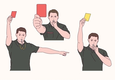 the soccer referee is blowing a whistle with a yellow card and a red card. hand drawn style vector design illustrations. 