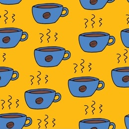 cute hand drawn vector seamless pattern with coffee cup. doodle style illustration on orange background. design for seasonal cards, wrapping paper, textile, fabric, etc