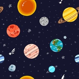 planet pattern with constellations and stars. solar system planets repeated tile. cute design for kids fabric and wrapping paper. bright childish tile. hand drawn funny planet pattern.