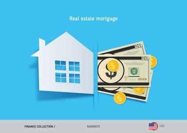 real estate mortgage concept. 20 us dollar banknotes and gold coins. flat style vector illustration.
