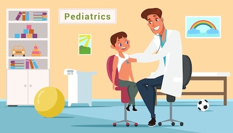 boy in paediatrics office illustration. children medicine and healthcare. male pediatrician examining kid with stethoscope. doctor and patient cartoon characters. hospital consulting room. raster copy