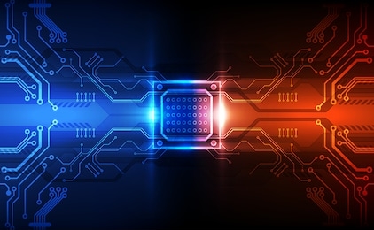 abstract technology chip processor background circuit board and code, illustration blue technology background vector.