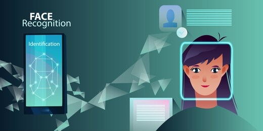 face recognition concept with young female character, smartphone, database profile. security system banner with gradient background. innovative smartphone features background in flat style.