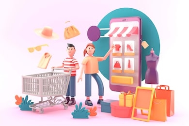 online shop surrounded by products, shopping bags and two characters on the pink background.-3d rendering.