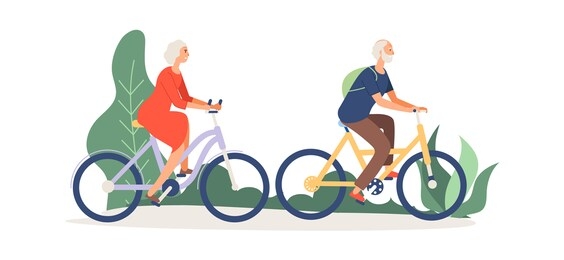 old couple on bikes. elderly activity, grandmother grandfather in park or forest. woman man relaxed, cycling on nature vector illustration
