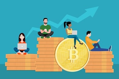 bitcoin buying, selling concept. young people using laptop and smartphone for online funding and making investments for bitcoin and blockchain. eps vector illustration. flat design of new technology