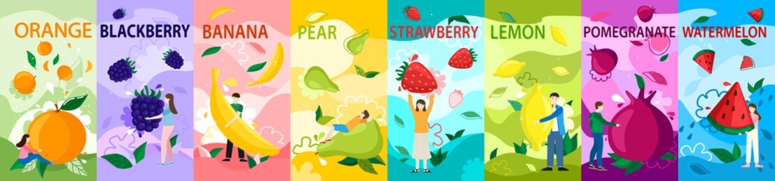 tiny people with fruits vector illustration. cartoon girl boy character holding healthy juice food, orange, blackberry, banana. strawberry, watermelon, fruity summer advertising poster vertical set