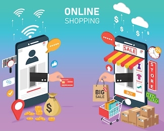 hand out shopping online on mobile. e commerce and digital marketing. vector illustration modern design. business and finance concept. phone front of shop store. 