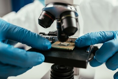 cropped view of engineer looking at computer microchip through microscope