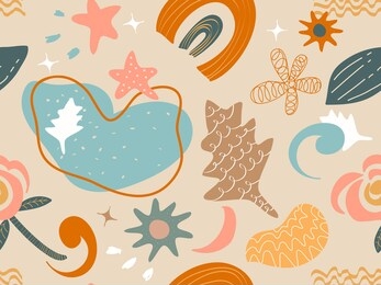 hand drawn various shapes and doodle objects. abstract contemporary modern trendy vector seamless patterns. use for textile prints