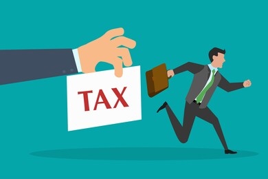 tax evasion. colorful flat style of worker running away from hand with card tax unwilling to pay isolated on green blue background