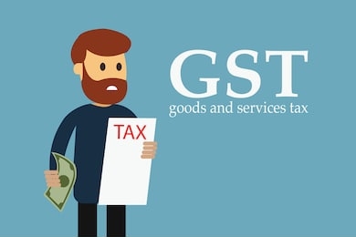 vector design of cartoon character, man with bill of goods and services tax holding money bill for payment on blue background