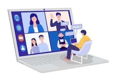 video conferencing at home, man having video call meeting with clients at home. greeting messages in many different written languages.