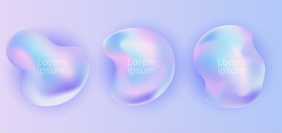 set of trendy realistic 3d abstract fluid holographic gradient shape on blue background. liquid shapes rainbow label. vector illustration