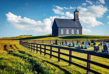 attractive morning view of hvalsneskirkja church. stunning summer scene of iceland, keflavik location. traveling concept background. travel to iceland.