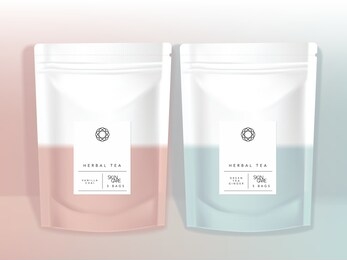 vector pastel resealable product sachet pouch in pastel pink & blue color minimal design mockup for snack cosmetics healthcare bath salts gift food accessory