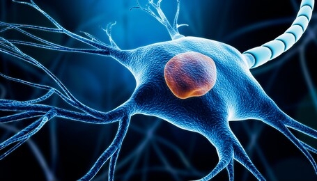 closeup of a neuron or nerve cell soma with nucleus, myelin and dendrites 3d rendering illustration on a blue background. neuroscience, microbiology, anatomy, medicine, nervous system concepts.