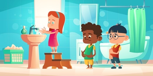 kids wash hands in bathroom. children personal hygiene concept. vector cartoon illustration with girl standing on steps and washing hands with soap and boys waiting in line