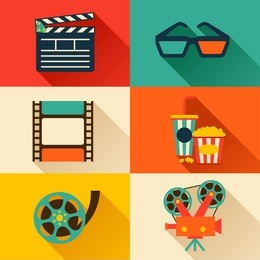 set of movie design elements and cinema icons in flat style.