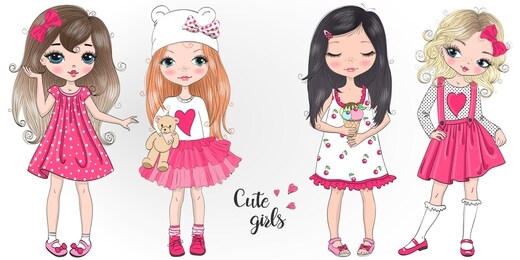 four hand drawn beautiful cute little girls. vector illustration.