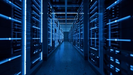 server racks in computer network security server room data center. 3d render dark blue