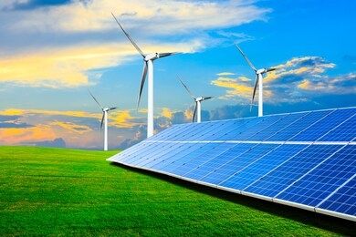 solar panels with wind turbines in the setting sun,green energy.