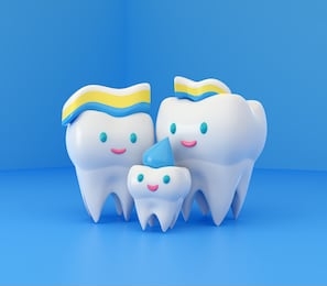 cute happy smiling family of teeth with toothpaste hairstyle. clear tooth concept.brushing teeth. dental kids care. 3d illustration