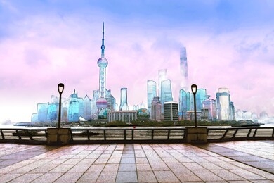 sketch painting digital of shanghai high rises office and towers of the business district skyline at huangpu river, shanghai, china.