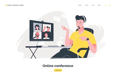 online conference flat illustration. man using computer to have video call. video conferencing concept. remote work in the home office. vector eps 10.